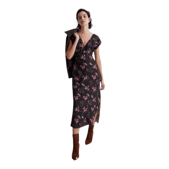 Madewell V-Neck Floral Midi Dress True Black Size 0 New Silk Blend - Picture 1 of 11